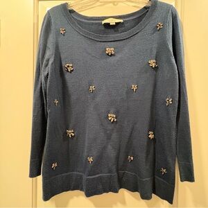 LOFT Navy Blue Crewneck Sweater with Jewel Bows